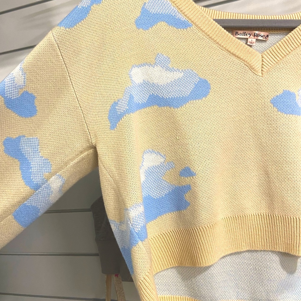 Never Worn Beige And Blue Cloud Patterned Cropped… - image 3